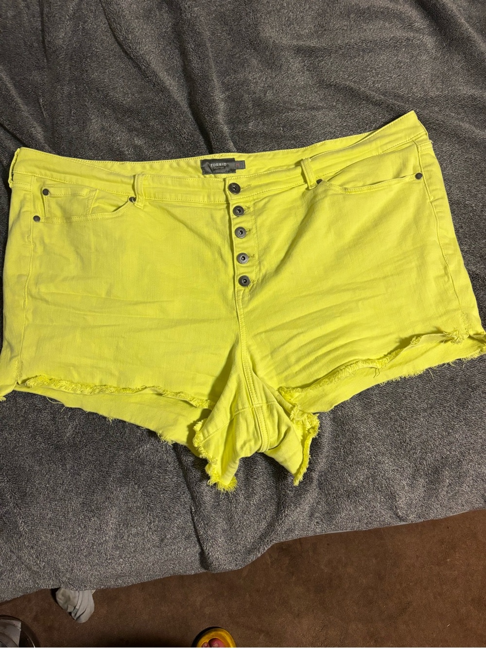 Torrid Bright neon Yellow stretchy High-Waist denim Button-Front shorts size 26